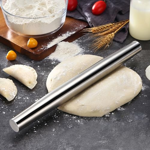 Nudelholz Teigroller Edelstahl, Metall Rolling Pin, Backzubehör für Pizza, Kekse, Gebäck, Teige, Fondant (42.5x3.2cm)