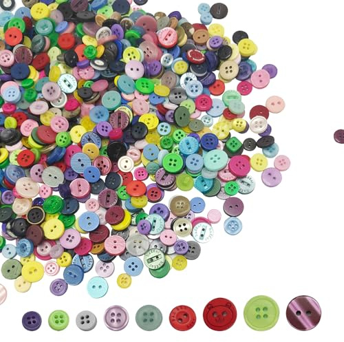 1500 Stück Bunte Knöpfe, Kunstharz Knöpfe zum Annähen Runde Bastelknöpfe 2 und 4 Löcher Verschiedene Größen und Farben für Nähen Handwerksprojekten Painting DIY Basteln
