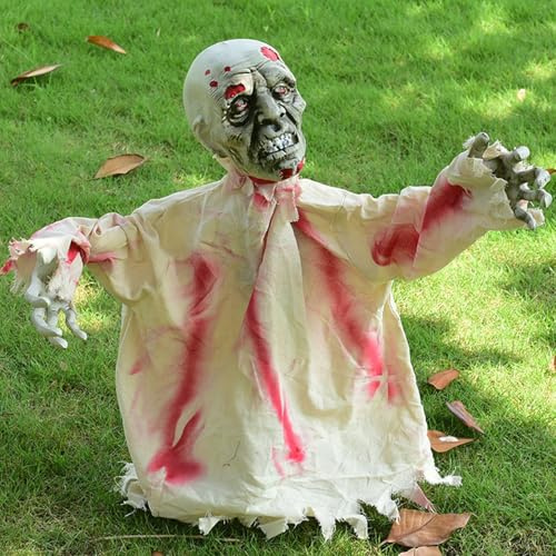 Halloween Animatronic Zombie Groundbreaker, Halloween Deko Gruselig Skelett Zombie mit Leuchtende Augen und Gruseligem Klang, Schwankender Zombie Animiert für Halloween Deko Outdoor, Garten, Rasen (A)