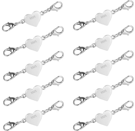 LHOEST 10PCS 925 Sterling Silver Heart Magnetic Jewelry Clasps, Bracelet Heart Shape Clasps & Closures, Double Lobster Clasps Extender for DIY Jewellery Making Necklace Chain (Silver)