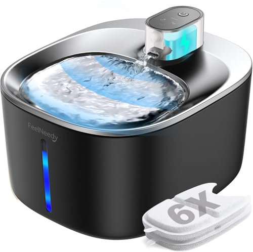 Fuente para Gatos Inalambrica con Sensor De Movimiento En Acero Inoxidable, Feelneedy 4l Fuente De Agua para Gatos Sin Cable con Bateria Recargable 4000mah, con 6 Filtros+ 12 Esponjas, Negra