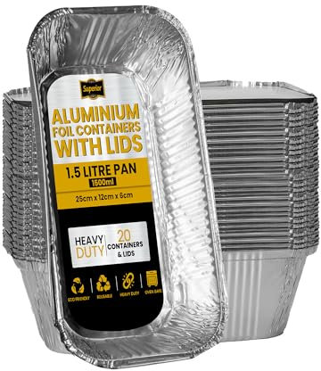 Superior Foil Containers with Lids – 1.5 Litre Sturdy Deep Foil Trays with Lids - Ideal for Baking, Roasting, BBQ, Cooking Meal Prep Tray – Pack of 20 Foil Trays With Lids