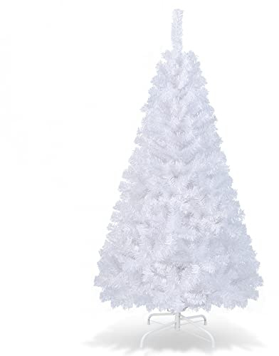GYMAX Árbol de Navidad Artificial de 180 cm, Árbol de Navidad con Encaje de 650, Christmas Tree Artificial con Soporte de Metal, Material de PVC, Blanco