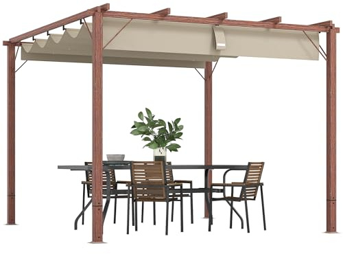 Outsunny 3 x 3(m) Aluminium Garden Pergola with Retractable Roof, Natural