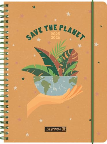 BRUNNEN Schülerkalender (2025/2026) Save The Planet, 2 Seiten = 1 Woche, A5, 208 Seiten, Recyclingleder-Umschlag, mehrfarbig