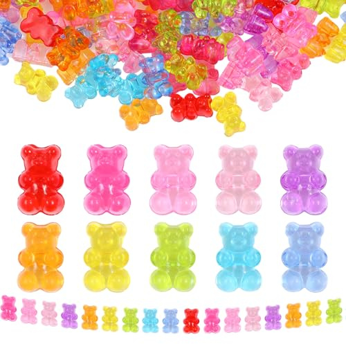 Ptwola 200 Stück Acryl Bären Süßigkeiten Bunte Gummi Bärchen Charm Süße Bären-Loseperlen für Handwerk DIY-Armbänder Halsketten Broschen Ohrringe Tonbasteln Deko-Schmuckset Herstellung Zubehör