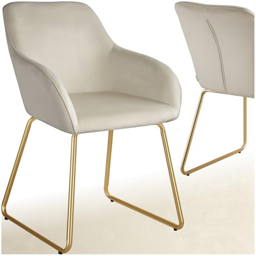 tectake® sedia in velluto per sala da pranzo, poltrona elegante, sedia imbottita con schienale, poltroncina di design, per soggiorno, cucina, ufficio, sedie con gambe in metallo, 1 unità - Crema/Oro