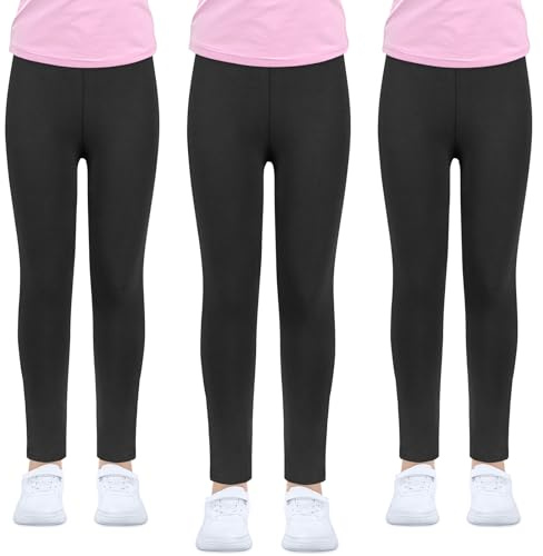 Pack de 3 leggings para niña, color negro y blanco de cintura alta largos suaves elásticos pantalones deportivos básicos opacos danza yoga uso diario (FR/ES, Edad, 4 años, 5 años, Regular, Negro)