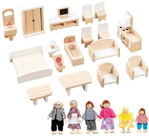 Ensemble de Meubles de Maison poupée en Bois avec 6 poupées familiales, Meubles Maison poupée 5 pièces, Accessoires éducatifs Bricolage pour Enfants à partir 3 Ans, Cadeaux d'anniversa