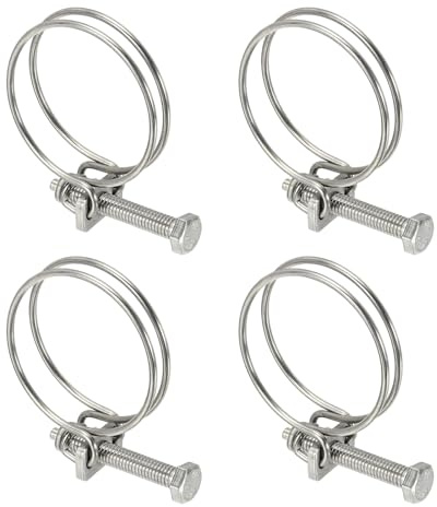 sourcing map 4 Pcs Double Wire Hose Clips 40-45 mm 304 Stainless Steel Adjustable Wire Pipe Tube Clamps with M6 Screw Plumbing Joint Fastener for Dust Collection Pool Pond, Silver