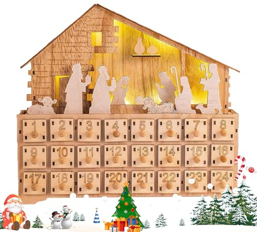 Calendrier De L'Avent Crèche À Tiroirs,24 Jours Décorations De En Bois | Calendrier De L Avent Tiroir Avec Lumière LED - Pour Garçons Filles Adultes Intérieur Fêtes Bureau Maison