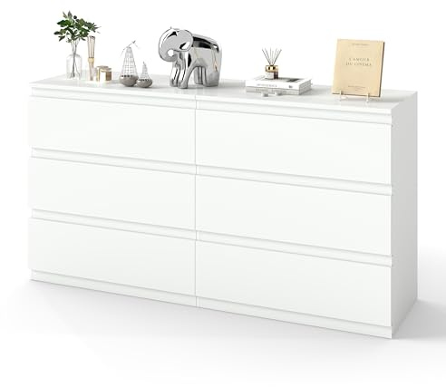 Ginhow Kommode 6 Schubladen, Moderne Kommode Sideboard mit 6 Schubladen,Komodenschrank, Kommode weiß, Kommode mit Schubladen