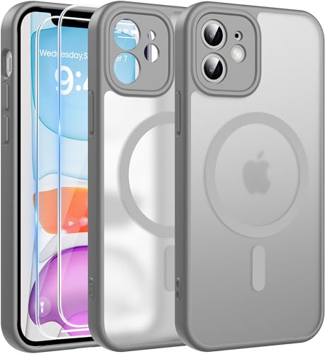 FLLAO for iPhone 11 Case, Magnetic Bumper Phone Case with 2 Tempered Glass Screen Protector, Full Camera Protection, Military-Grade Shockproof, Slim Translucent Matte Cover, Grey