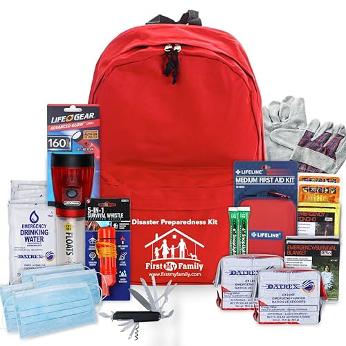 First My Family All-in-One Premium 2-Personen-Notfall-Survival-Kit | Hurrikan- & Erdbebenvorsorge | Katastrophenrucksack mit 72-Stunden-Überlebensausrüstung, Erste Hilfe und mehr
