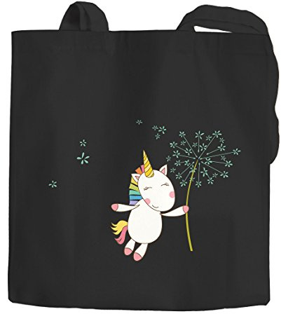 MoonWorks Baumwolltasche Einhorn mit Pusteblume Einhorn-Beutel Jutebeutel Stoffbeutel schwarz 2 lange Henkel