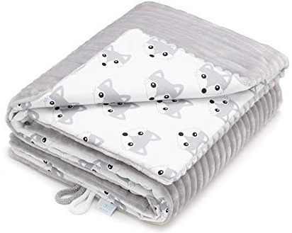 EliMeli Babydecke Kuscheldecke junge Krabbeldecke 75x100 | Ultraweicher Gestreifter Microfaser-Plüsch Stoff aus Baumwolle | Füllung | hoch Qualität | ideal als Kinderwagendecke (Grau - Hund)