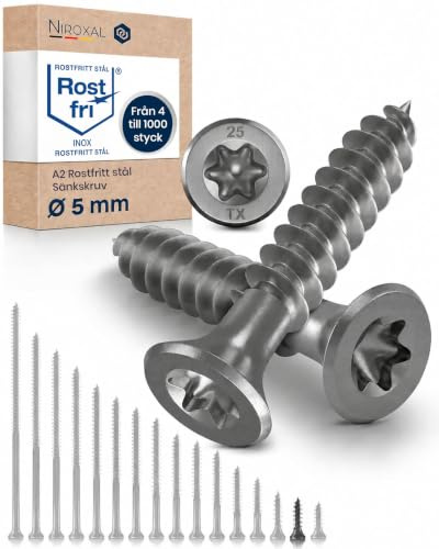 Träskruvar i Rostfritt Stål A2 – Försänkt Huvud TX25 – Delgänga – 5 x 20 mm – 1000 Stycken – Universalskruvar för Trä