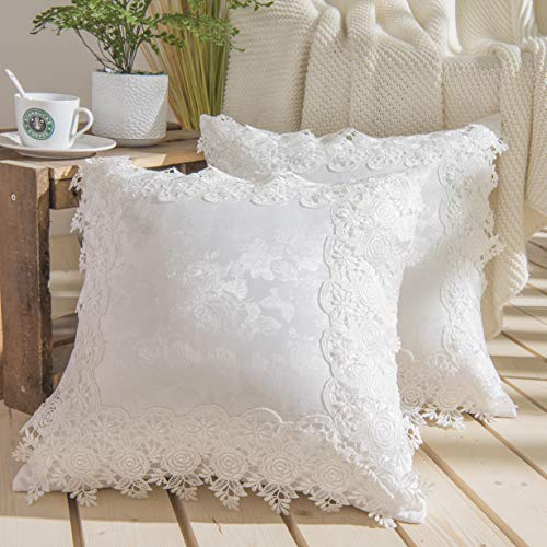 Minoki Jacquard Throw Pillow Covers French Cushion Cover Embroidery Lace Throw Pillow Cases for Couch Sofa Farmhouse Home Decoration Square 18 x18 Inch Set of 2 White