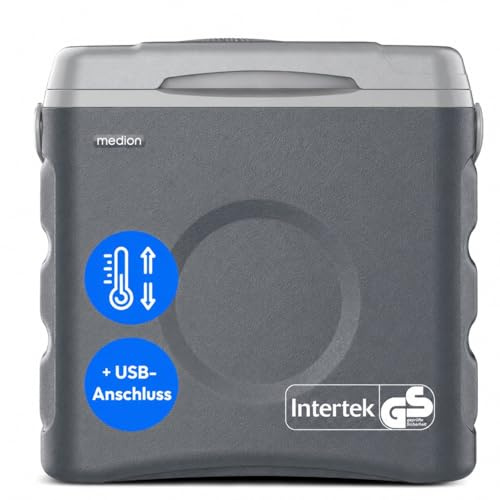 MEDION Nevera Portátil Termoeléctrica 35 L Capacidad Bruta Función Refrigeración y Calentamiento Alimentación 12V Toma de Coche 230V USB 5V para Coche Barco y Camping, MD370030 Gris Clase Energética E