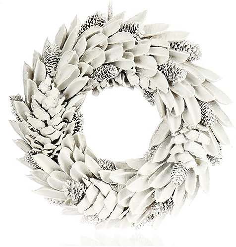 COM-FOUR® Türkranz für Weihnachten - weißer Adventskranz mit Blättern und Zapfen - Dekokranz - Weihnachtsdeko - Tischkranz - Weihnachtskranz