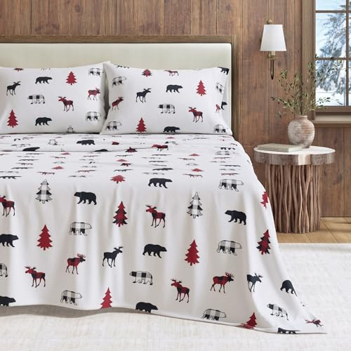 Great Bay Home 3 Piece 100% Turkish Cotton Twin Holiday Flannel Sheet Set | Cotton Christmas Bedding Sheets & Pillowcases | Warm, Double-Brushed Bed Sheets (Twin, Buffalo Check Lodge)