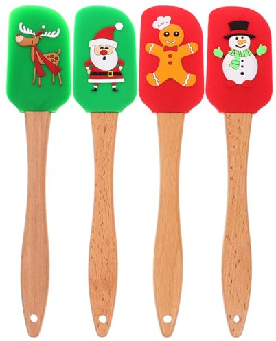 YARNOW 4 Stück Silikon Spatel mit Holzgriff, Weihnachten Thema Teigschaber Spachtel Hitzebeständig Spatula Antihaft Kuchencreme Butter Spatel Mischschaber für Kochen Backen Rühren