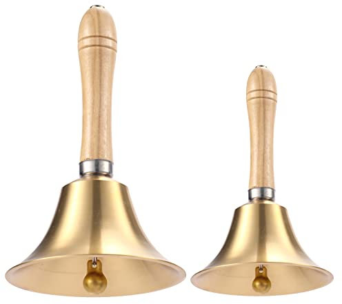 Yizerel Lot de 2 clochettes à main en laiton massif avec poignée en bois, 8 cm et 11 cm pour mariage, Noël, école, service