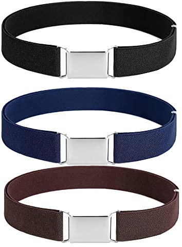 Pack Kindergürtel Elastische Stretch-Verstellgürtel 3-mit silbernen Quadratschnalle für Jungen und Mädchen (Schwarz, Kaffee, Marine)