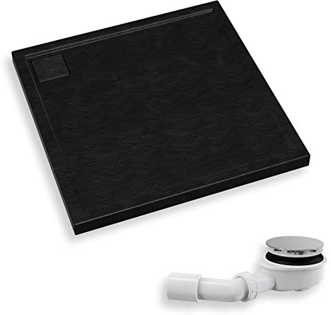 BADLAND Duschwanne 80x80 Omega Schwarz Acryl Duschtasse Quadratisch mit Ablaufgarnitur Ø 90 mm