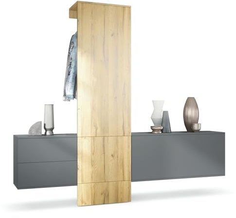 Vladon Garderobe Carlton Set 1, Made in Germany, Flur-Garderobe aus Deko-paneel, Schubladen-Kommode & Schuhschrank, Anthrazit matt/Eiche Natur (209 x 193 x 35 cm)