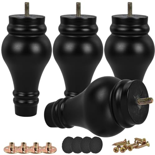 Btowin 6 inch Solid Wood Spool Furniture Legs with M8 Bolts, Black, 4-Pack | Classic Design with 400lbs Capacity, All Mounting Hardware included for Easy DIY Install on Sofas, Couches and Ottomans