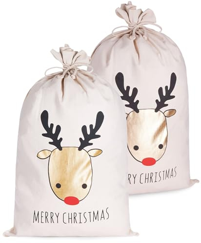 BRUBAKER Weihnachtssack Rentier Gold - Merry Christmas - 80 cm Geschenksack Weihnachten - Nikolaussack Sack Baumwolle mit Kordel zum Verpacken von Geschenken - Rentierkopf - 2 Säcke