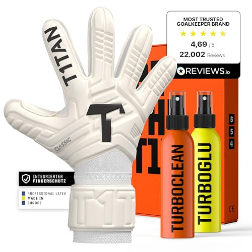 T1TAN Classic 1.0 White-Out Junior (FP) Turbogrip & Turboglu – målvaktshandskar för barn med handskar och Grip Booster – med fingerskydd – fotbollshandskar för målvakt – storlek 6