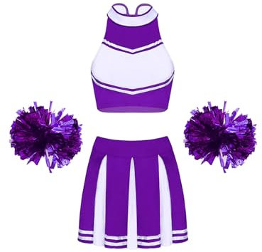 Freebily Damen Cheerleading Kostüm Cheer Leaderin Uniform Mit Pompoms Halloween Karneval Kostüm Show Tanzkostüm Party Tanzkleidung Lila_A L