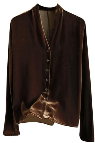 V Neck Velvet Tops for Women UK Ladies Button Down Shirts and Blouses Long Sleeve Plus Size Tops Elegant Solid Business Office Work Tunic Tops Loose Fit Dress Shirts Party Velour Blouse Coffee