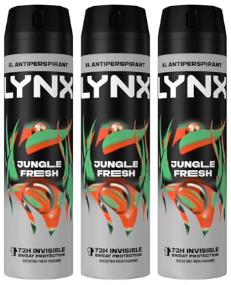 Lynx XXL Jungle Fresh Antiperspirant Deodorant Spray for Men 250ml Pack of 3 72H Sweat & Odour Protection PALM LEAVES & AMBER FRAGRANCE Mens Deodorant Spray