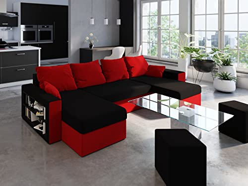 ALTDECOR Ecksofa in U-Form mit Schlaffunktion und Bettkasten Corner Sofa Bett Eckcouch Couch L-Form Schlafcouch Ausziehbar Wohnlandschaft Schlafsofa Cauchsofa - BOSTI - 327x140x90cm Schwarz/Rot