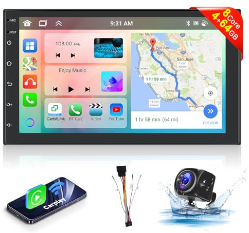 【8 Kern 4+64G】 Hodozzy Carplay Android Autoradio 2 Din mit Navi 7 Zoll IPS Bildschirm, Auroradio Bluetooth mit Android Auto/DSP/WiFi/RDS/FM/USB+Rückfahrkamera