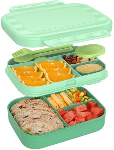 CAPERCI Brotdose Kinder mit Fächern - 1400ml Lunchbox Kinder Bento Box mit Unterteilung Auslaufsicher Brotbox für Mädchen & Jungen Schule, Kindergarten, Ausflüge（Grün）