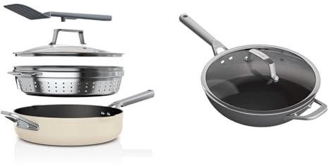 NINJA Foodi 9-in-1 PossiblePan with ZEROSTICK, Steamer/Strainer, Spatula, Glass Lid, 3.8L & ZEROSTICK Premium Cookware 28cm Wok with Glass Lid, Long Lasting, Non-Stick