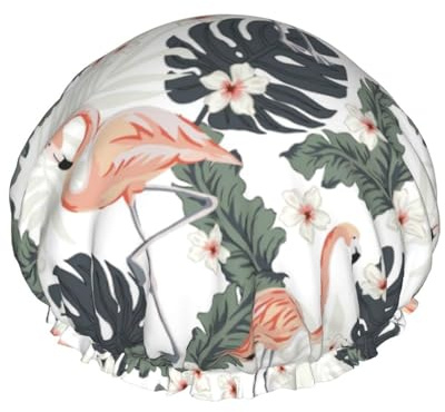 Wiederverwendbare Duschhaube für Damen, Tiere, Flamingo, Blumen, Badehaube, doppellagig, wasserdicht, Dusch-Haarschutz, verstellbares Gummiband, Duschhut für Home Spa Salon, Badehauben