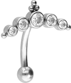 PIERCINGLINE Titan Banane mit Push Fit 5 KRISTALLE + KUGELN Piercing Ohr Nase Silberfarben 1,2 x 8 mm