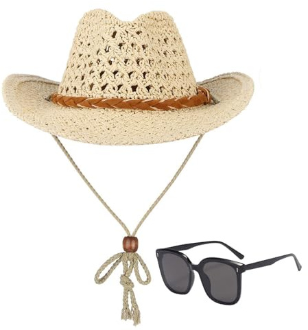 SLAXJNE Verstellbarer Cowboyhut mit Paar Sonnenbrille, breitkrempiger Sonnenhut, Sommer-Strohhut für Wandern, Angeln und Camping