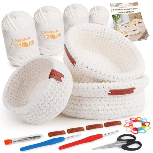 Aeeque 3pcs Rund Häkelkörbe Set mit Deutsch Anleitung, DIY Textilgarn zur Tasche, Komplett Kit