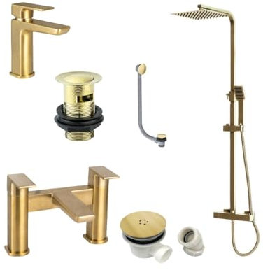 Brushed Brass | Square Shower Kit Rigid Riser Over Head Rainfall | Brushed Brass Bath Filler and Basin Mixer | Tap and Shower Pack Complete | Includes All Wastes