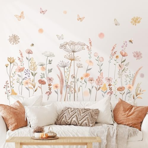 DECOWALL SG2-2421 Väggdekaler med Boho-blommor i akvarell Vildblommor Blommor Gräs Heminredningskonst i sovrummet Färgglada rosa växter Avtagbar Peel and Stick Plantskola Hem DIY Löv Trädgård