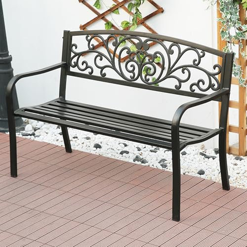 Banco de exterior con patrón floral con patas arqueadas y rectas, ideal para jardín y patio, banco de parque con asiento al aire libre, perfecto para relajarse al aire libre (flor negra en ángulo