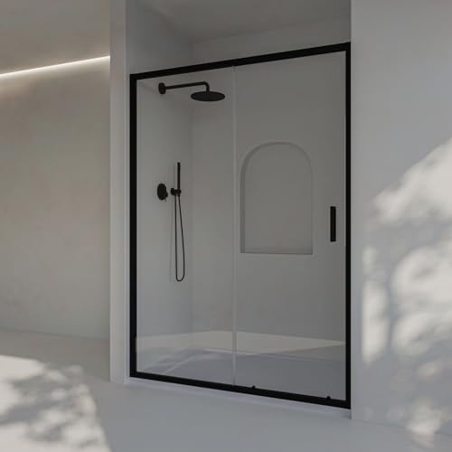 SoulHome Mampara ducha frontal 123,5 a 128cm x Alto 195cm REVERSIBLE, Negro | 1 Corredera + 1 Fijo, Con Perfil Inferior, Vidrio transparente de seguridad 6mm, tratamiento antical, Medida 125cm