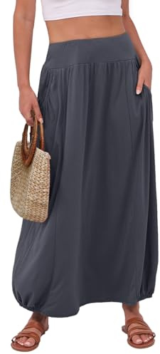 ANRABESS Women's Summer Boho Flowy Maxi Skirts,Dark Grey,S