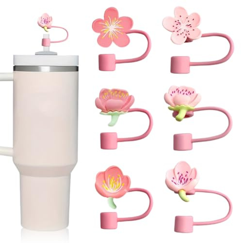 AUEFUDQ Juego de 6 Cubiertas de Pajita Rosa Stanley 40/30 Oz con Flores de Silicona para Tapa y Accesorios de Stanley Cup